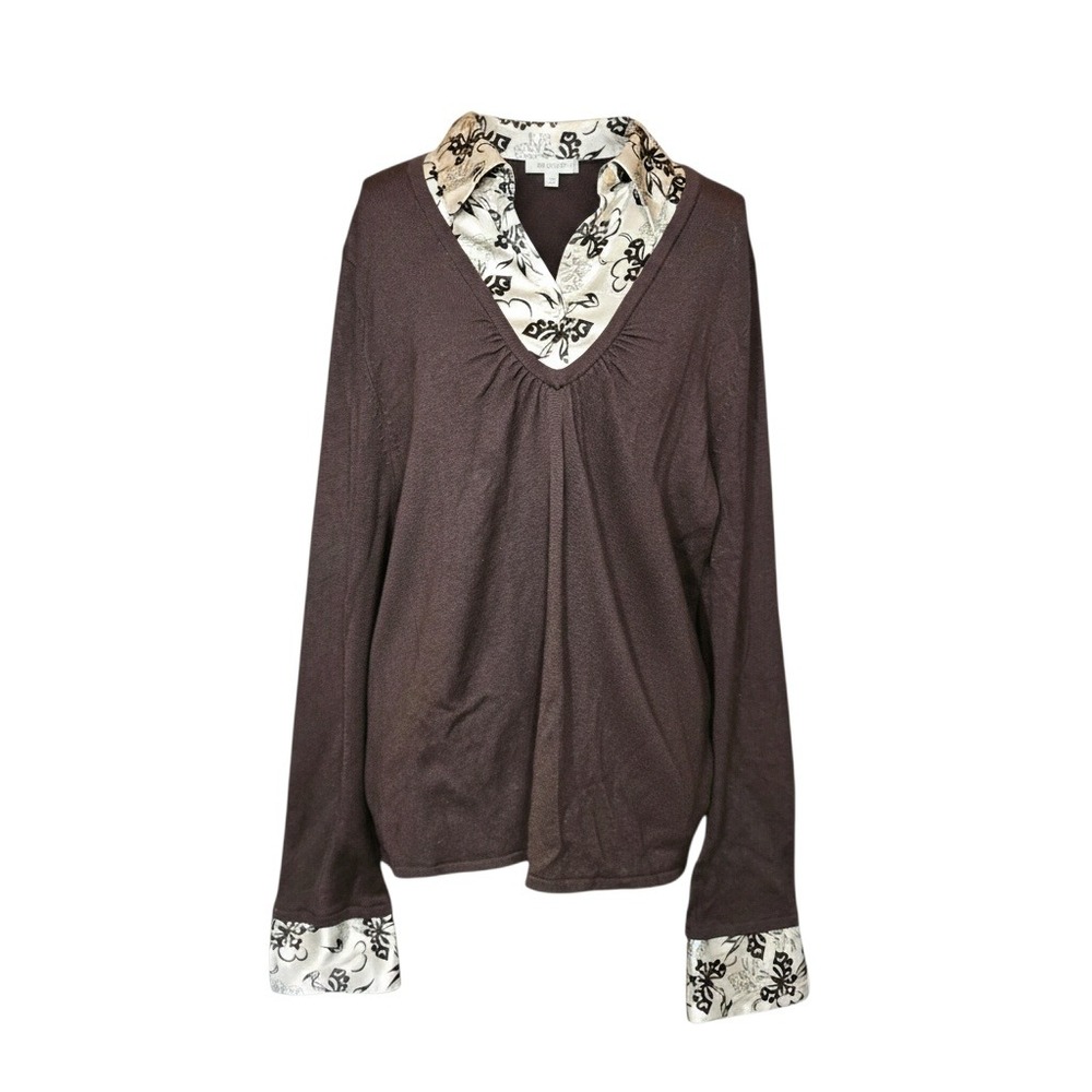 Apt. 9 Womens XL Brown‎ Layered Look Sweater Floral Satin Trim V-Neck Pullover